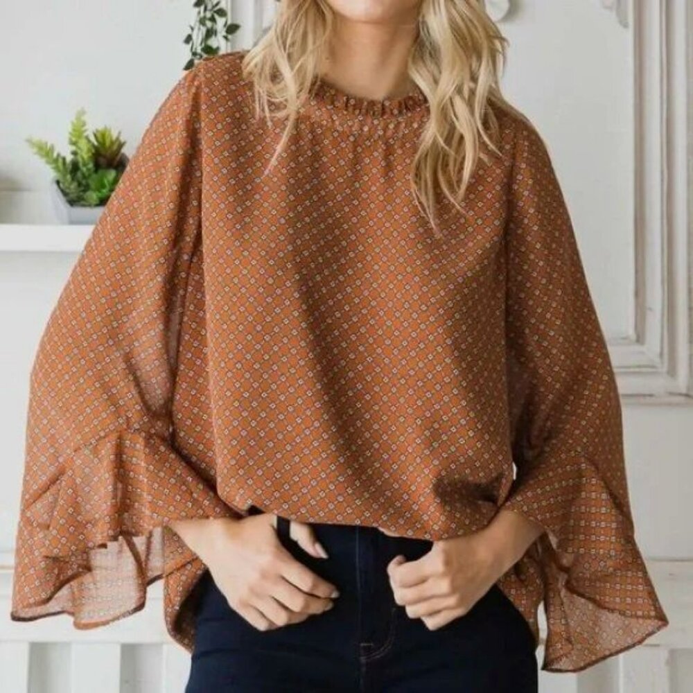 Cotton Bleu Cinnamon Ruffled Bell Sleeve Flowy Blouse